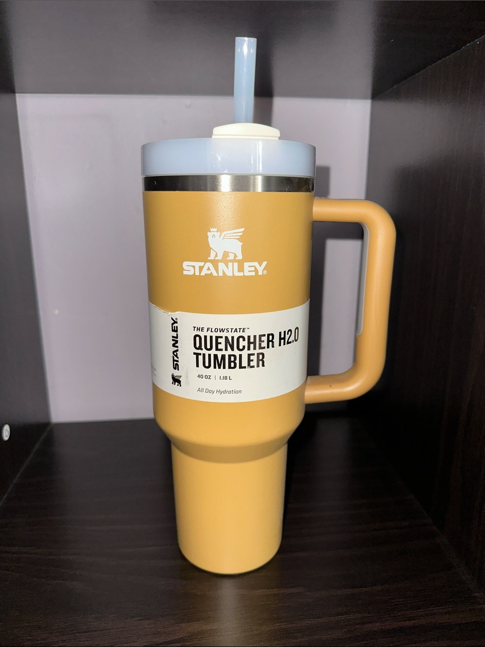 Stanley Mustard Yellow Tumbler with Light Blue Lid and Straw